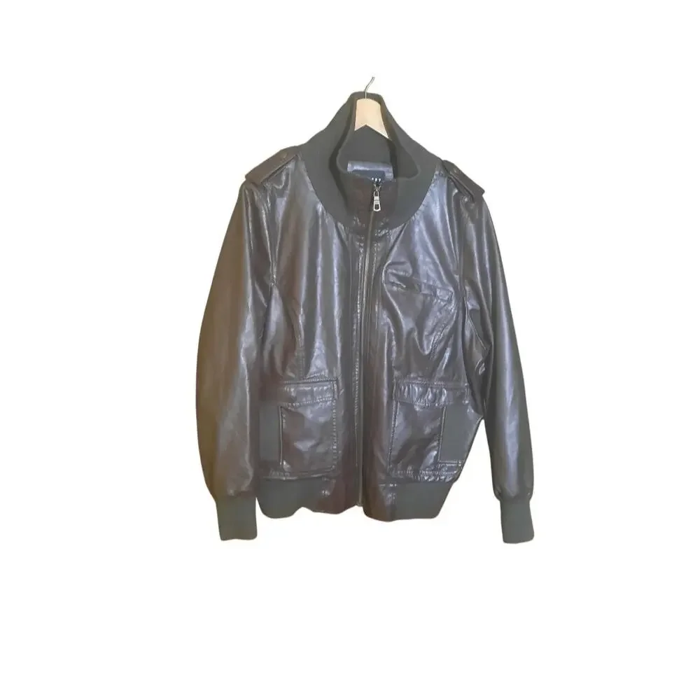 Therapy Womens Brown Faux Leather Bomber Jacket Ribbed Detail Size 3X